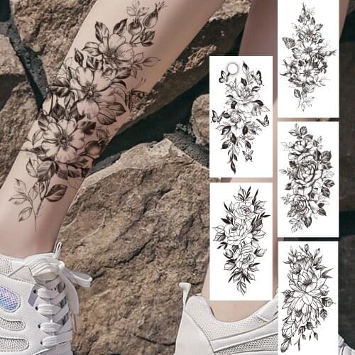 Sexy 3D Flower Temporary Tattoo For Women Girls Fake Peony Rose Tattoos Sticker Black Orchid Daffodil Waterproof Tatoos Body Leg