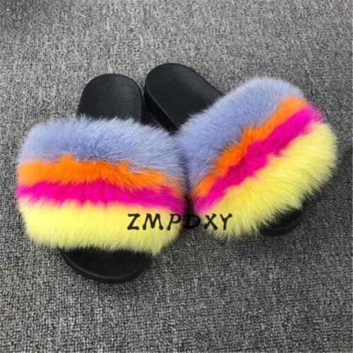 Womens Fur Slippers Kids/Childrens Real Fox Fur Slides Ladies Furry Beach Flip Flops Female Open Toe Plush Sandals Home Shoes