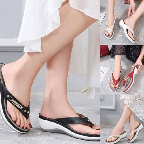 Women Summer Metal Button Slides Shoes Leisure Wedge Beach Thong Sandals Indoor Outdoor Platform Faux Leather Flip Flops Slipper
