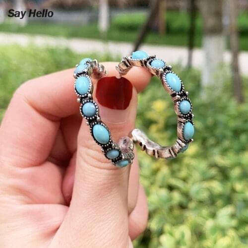 SAY HELLO Vintage Ethic Turquoises Round Earrings for Women Geometric Stone Hoop Earrings Female Bohemian Earrings Brinco K2965