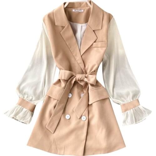 Light mature style dress autumnWomen2021 new female retro double-breasted lace-up waist temperament suit collarMini short dress