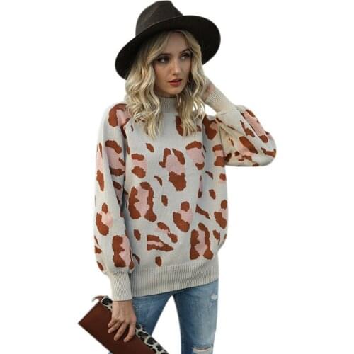 Leopard Sweater Women 2021 Autumn Winter New Fashion Turtleneck Lantern Sleeve Outerwear Loose Knitted Sweater Female LR1476
