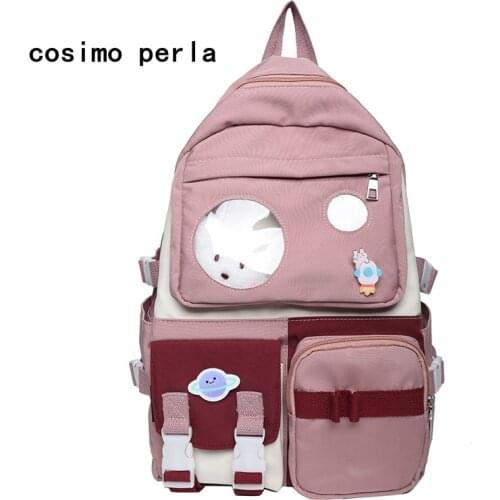 Multi Pocket Waterproof Nylon Women Backpacks Color Patchwork Large Schoolbag for Teenage Girls Travel Rucksacks Duck Pendant