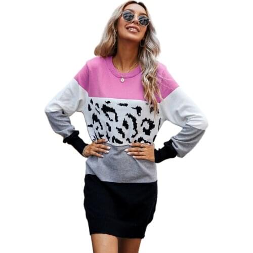 Women Autumn Long Sleeve O-Neck Knitted Sweater Dress Color Block Leopard Patchwork Casual Loose Fit Ribbed Trim Pullover Street