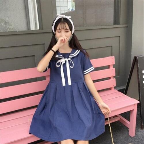 Casual Linen Dress Short Sleeve Sweet Lolita Sailor Dress Harajuku Preppy Style Vestidos Kawaii Summer Dresses School Clothes