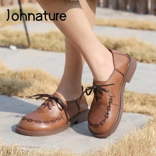 Johnature Pumps Women Shoes Spring/Autumn Retro 2021 New Genuine Leather Lace-Up Mori Style Handmade Concise Casual Ladies Shoes
