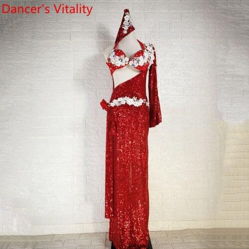 Women Belly Dance Group Performance Costume Bra Belt Headband Sequin Single Sleeve Robe Drum Oriental Indian Dancing Stage Wear