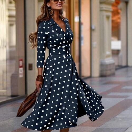 2021 New Women Autumn Elegant Suit Collar Commuting Costume Office Lady Fashion Dot Polka Dress Vintage Casual Long Sleeve Dress