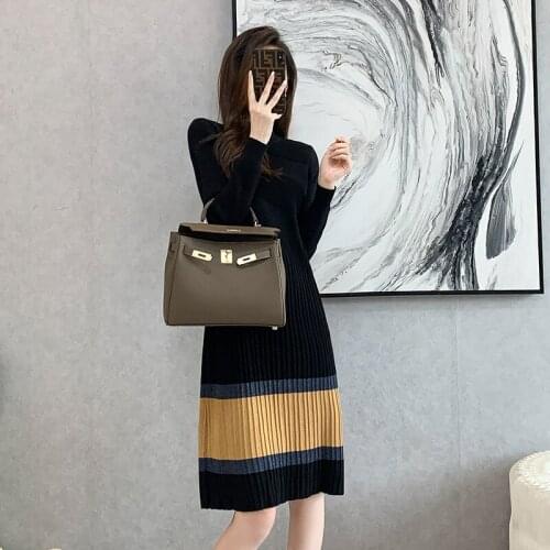 High Waist Knitted Sweater Dress Women Clothing Autumn Gold-Wire Jacquard Long Sleeve A Line Knitted Dresses 2021 New Fashion
