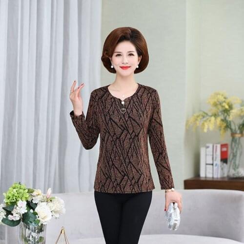 Women 2021 Spring New Fashion Middle-aged Long Sleeve Shirt Female O-neck Printed T-shirt Ladies Loose Casual Blouses L170