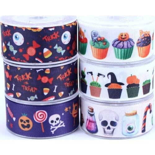6 designs 50yards/lot heat transfer Halloween candy food grosgrain ribbon welcome custom printed