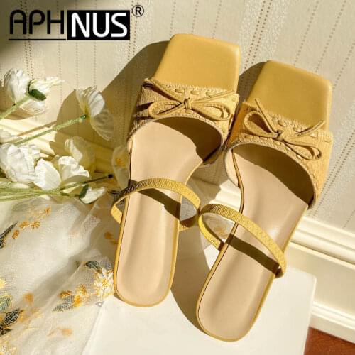 APHNUS Womens Sandals Bowtie Cow Leather Slippers Slides Mid High Heels Pumps Woman 2021 Shoes For Women New
