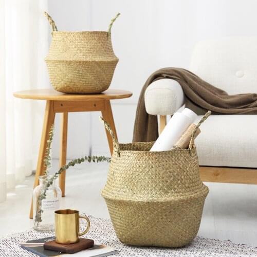 2021 Handmade Bamboo Storage Basket Seagrass Wicker Garden Flower Pot Foldable Laundry Straw Patchwork Eco-Friendly