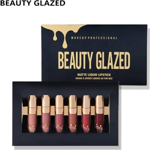 BEAUTY GLAZED 6Pcs/set Matte Lipgloss Makeup Velvet Sexy Red Nude Long-lasting Waterproof Soft Lipstick Kit Party Gift Cosmetics
