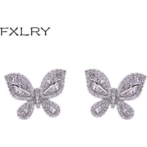 FXLRY New White Color Micro-inlaid Zircon Small Exquisite Luxury Butterfly Earrings For Women Jewelry