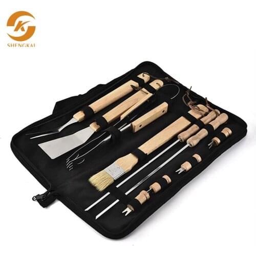 10 pieces of wooden handle grill outdoor bbq stainless steel set, multi-function barbecue tool kit set export