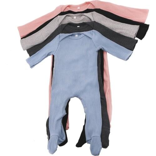 Baby Girls Cotton Long Sleeve Jumpsuits New Infants Toddler Kids Solid color Ribbed Outfits Childs Clothes Pajamas Customized