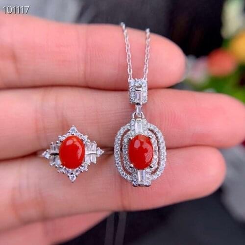 Best Wedding Ring Natural and Real Red Coral jewelry set 925 sterling silver 1pc pendant,1pc ring