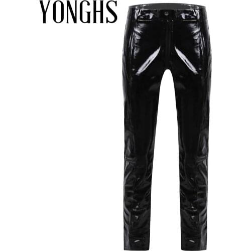 Mens Erotic Lingerie Crotchless Pants for Sex Patent Leather Zipper Nightclub Bar Stage Performance Costumes Wet Look Trousers