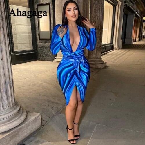Ahagaga 2021 Autumn Tie Dye Midi Dress Women Fashion Long Sleeve V-Neck Sashes Print Gown Sexy Female Prom Dresses Vestidos Robe