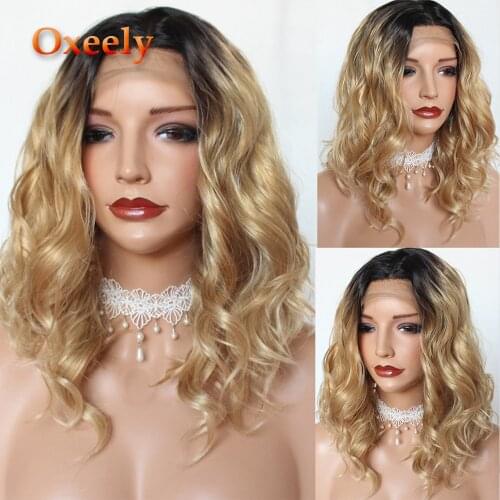 Oxeely Short Bob Hair Synthetic Lace Front Wig #1B/27 Ombre Blonde Bob Wavy Hair Natural Hairline Baby Hair Waves Wig for Women