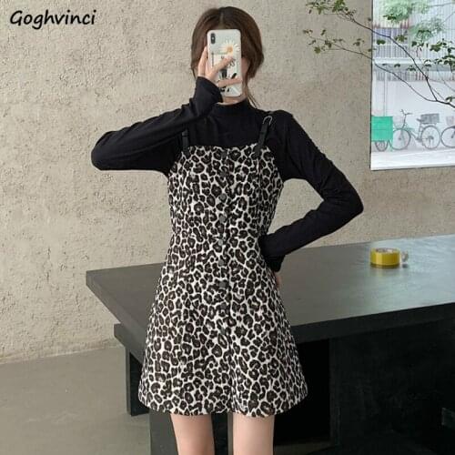 Sleeveless Dress Women Leopard Sexy Lady Mini High Waist Dresses Buttons Spaghetti Strap Casual A-line Slim Femme Korean Style