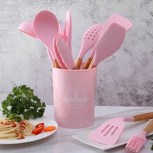 Silicone Kitchen Utensils Cooking Tools Set Non Stick Heat Resist Spatula Shovel Wooden Handle Kitchenware Cooking Kitchen Tools