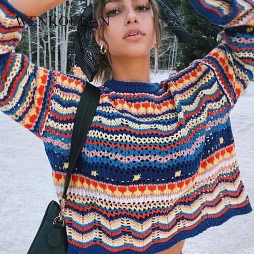 Colorful Striped Sweater Women Cropped Knitted Pullovers O-Neck Casual Sweaters For Women Winter Long Sleeve Short Jerseys Mujer