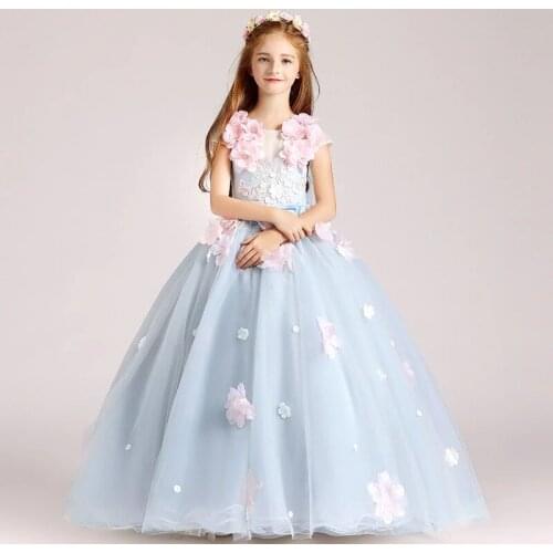 Tulle Long Flower Girl Dresses for Weddings Appliques Beaded Ball Gown Kids Party Communion Dress