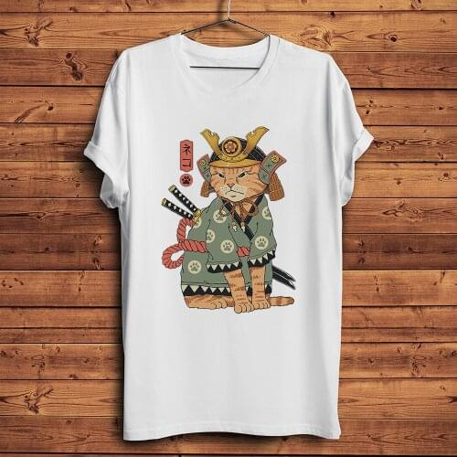 Japan Ukiyoe neko cat Samurai funny t shirt men summer new white casual short sleeve tshirt unisex ukiyo streetwear tee