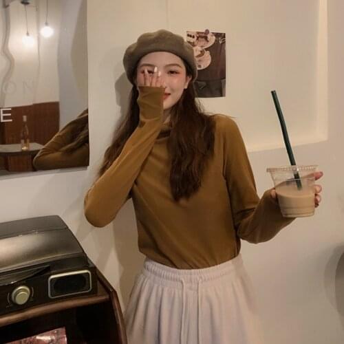 Turtleneck Long Sleeve Womens T-shirts Spring Autumn Solid Korean Style Streetwear Tops WDC6756