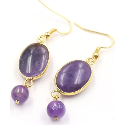 FYSL Light Yellow Gold Color Oval Shape Natural Amethysts Stone Dangle Earrings for Women Trendy Jewelry