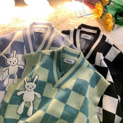 INXYZ Women Autumn Winter Fashion Trend Sweater Rabbit Pattern Casual Oversize Plaid Sweater Vest Pullover Men Warm Top
