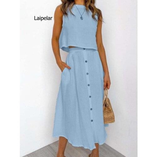 Loose Casual White Solid Women Skirt Set Sleeveless Crop Tops And Button Pockets Long Skirts Ladies Suit Summer Beach Style