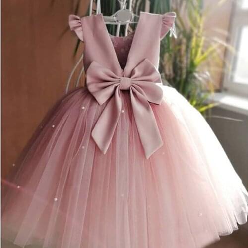 1-5Y Summer Princess Dresses for Girls Kids Tulle Wedding Party Gown Backless Birthday Childrens Dresses Girl Pearl Bow Costume
