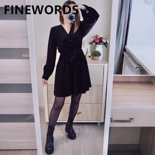 FINEWORDS Vintage Hepburn Pearl Beading Black Velvet Dress Women Winter Elegant V Neck Party Dresses Korean Sexy Mini Club Dress