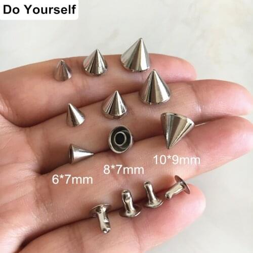 100 sets Silver Cone Rapid Rivet Studs,Cone Cap Metal Rivets Studs For Leather Crafts,Punk Rock Rivet Spike,6*7mm/ 8*7mm/ 10*9mm
