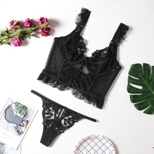 2021 Embroidery Sexy Lingerie Women Thin Transparent Lace Push Up Bra Set Small Chest Bralette+Thong French Secret Underwear Set