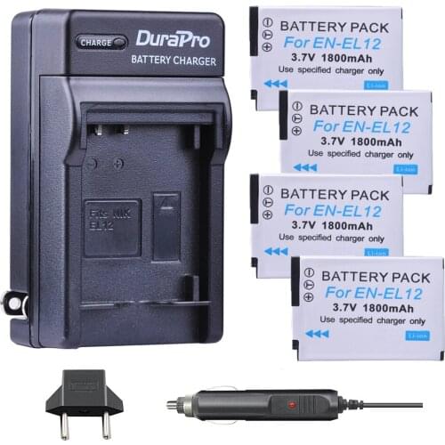 4pc 1800mAH EN-EL12 ENEL12 EN EL12 Li-ion Batteria + Car Charger + EU Plug for Nikon S8200 S9100 S9200 S9300 P300 P310 Battery