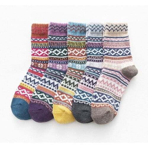 5 Pairs Ladies Women Autumn Winter Thickened Warmth Wool Warm Knit Cross Flower Wave Pattern Socks