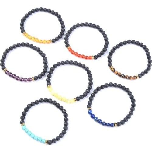 6mm jkjf53 black stone volcanic lava Bracelet elastic agate Onyx Prayer Reiki Buddha Yoga Charm nature essential oils diffuser