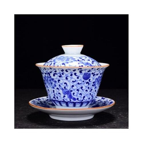 Jingdezhen Lotus Ceramic Tea Tureen Blue and White Porcelain Bowl Chinese KungFu Gaiwan Full Color Medium Tea Bowl Tea Accessori