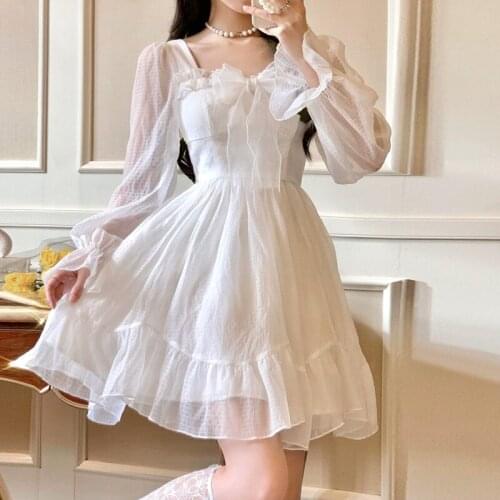 French Sweet Fairy Lolita Dress Women Long Sleeve Lace Y2k Mini Dress Vintage Kawaii Clothes One Piece Dress Korean 2021 Autumn