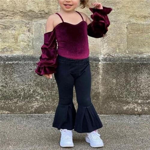 Stylish Kids Girls T-shirt and Trousers Suit Fashion Solid Color Coral fleece Suspender Long Sleeve Tops and Trumpet Pants 6M-5Y