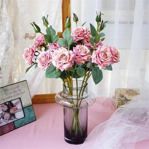 7P Fake Short Stem Curling Rose (3 heads/piece) 20.47" Simulation Melaleuca Roses for Home Wedding Decorative Artificial Flowers