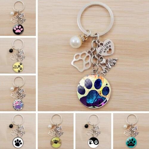 Cute animal paw print glass keychain, I love my dog pendant keyring, cute dog pattern car keychain, a gift for girls and men