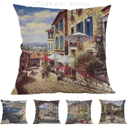 European style street painting art in Saint-Emilion France 45*45cm square pillow case Cushion cover bar sofa pillow cushion cove