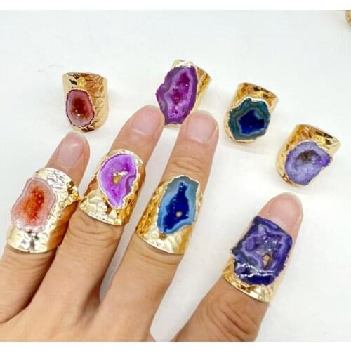New Big Gold Ring Vintage Retro Geode Crystal Bloem Agaat Slice Passen Open Gehamerd Ring Manchet Voor Vrouw man Ring 6PCS