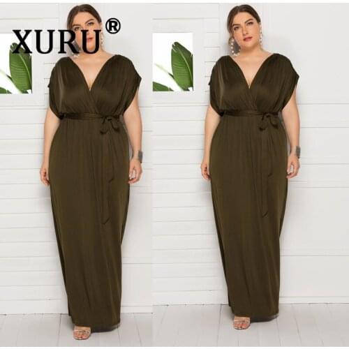 XURU new large size womens sexy dress solid color V-neck loose large swing elastic waist dress M-4XL