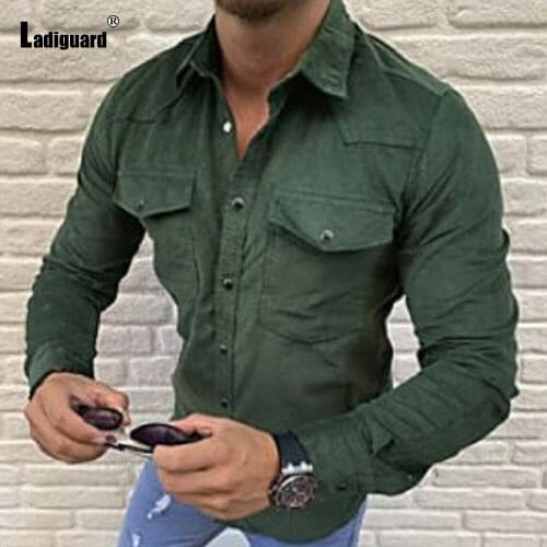 Samlona Long Sleeve Shirt Autumn Blouse with pocket Basic Top Streetwear 2021 Single-breasted Casual Pullovers Sexy Men clothing